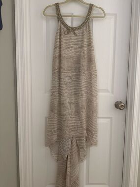 BCBGMaxAzria Beaded-Neck Cream and Taupe High-Low Dress